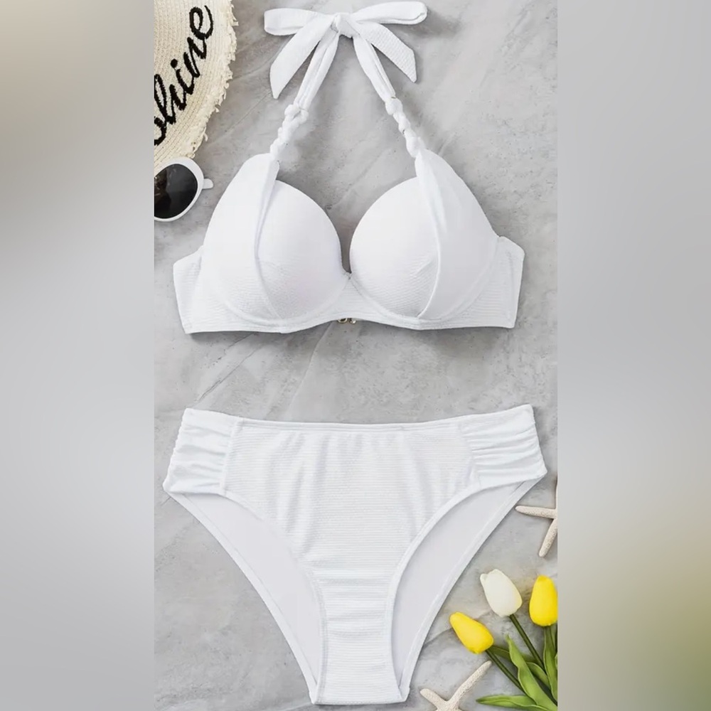 White Push-Up Halter High Waist Bikini Set